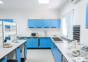 science lab with blue cabinets