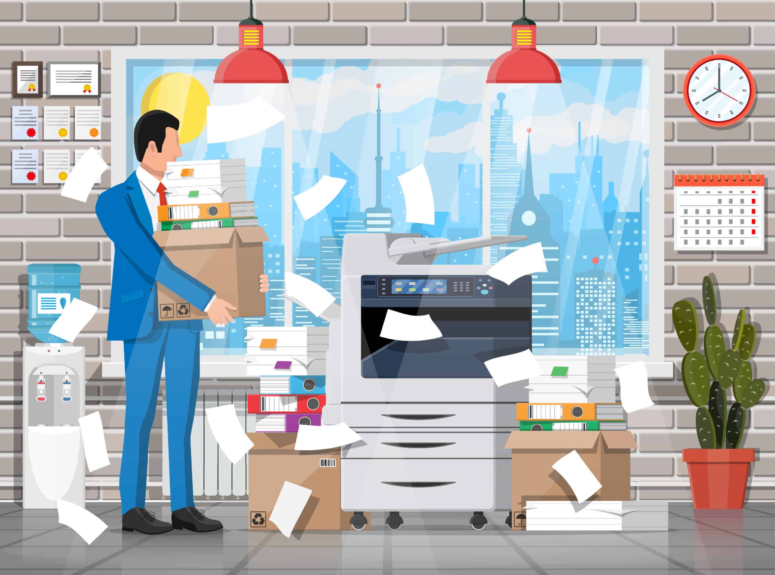 Stressed businessman under pile of office papers and documents. Office building interior. Office documents heap. Routine, bureaucracy, big data, paperwork, office.